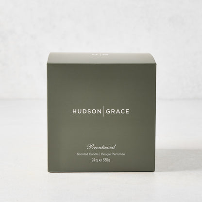 Hudson Grace Brentwood Scented 3-Wick Candle in a dark olive green gift box with white text.