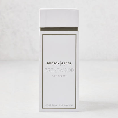 Hudson Grace Brentwood Diffuser Set, white rectangular box with brand and product name.