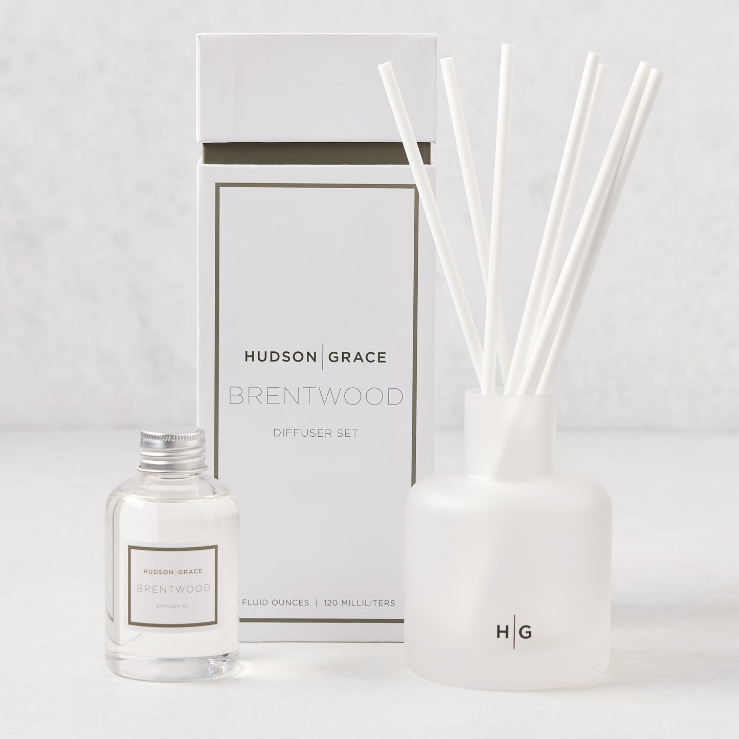 Hudson Grace Brentwood Diffuser Set with white reeds, frosted glass bottle, and clear oil refill.
