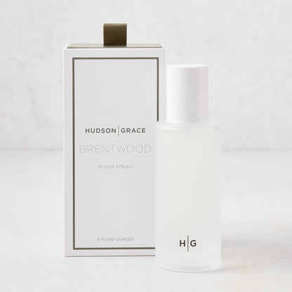 Hudson Grace Brentwood Room Spray, 5 oz frosted glass bottle with white cap, next to its white box.