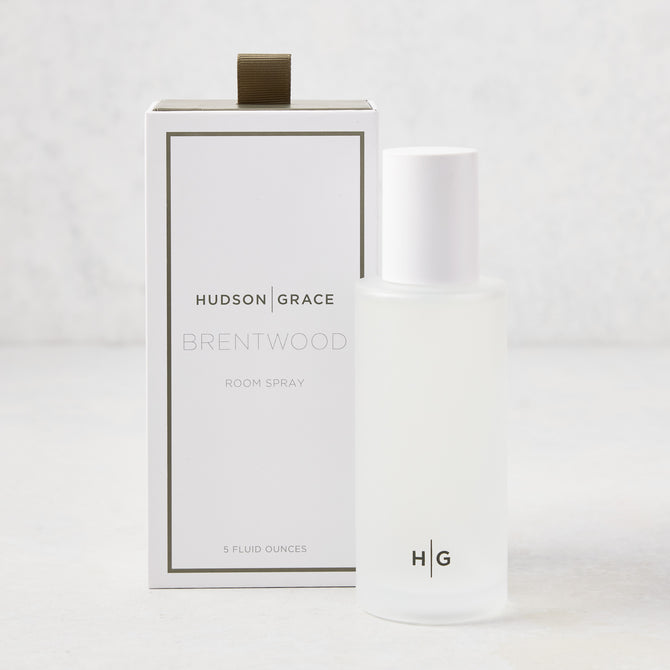 Hudson Grace Brentwood Room Spray, 5 oz frosted glass bottle with white cap, next to its white box.
