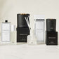 Hudson Grace Bleecker Scent Collection: black candles, white room spray, and frosted diffuser on white marble.