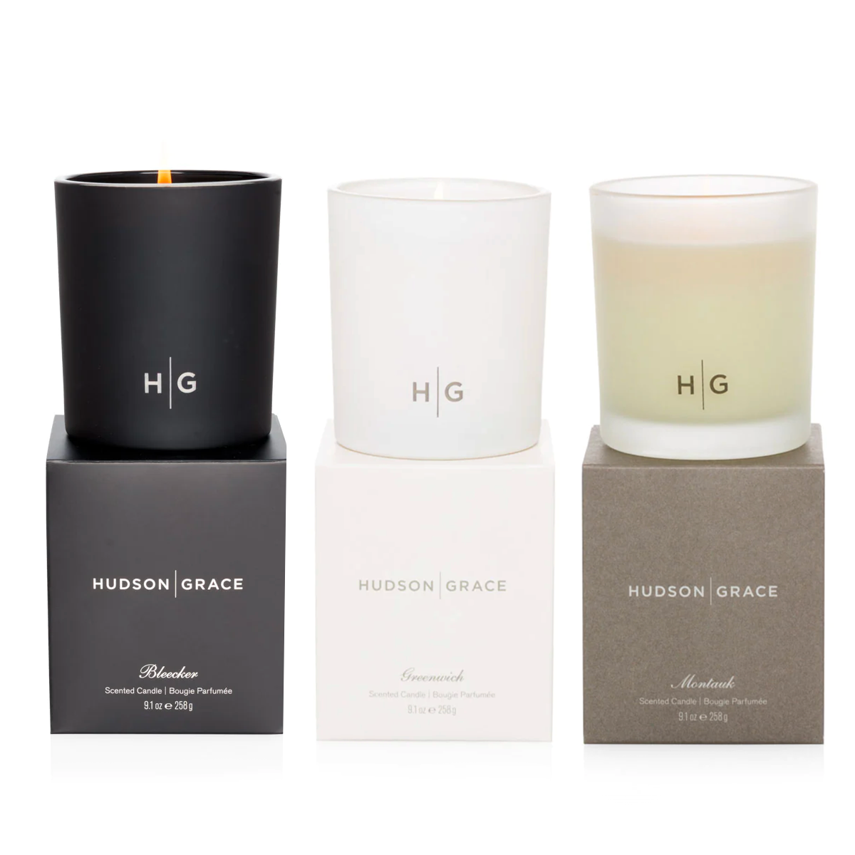 Hudson Grace East Coast scented candle gift set: black, white, and frosted glass candles on matching boxes.