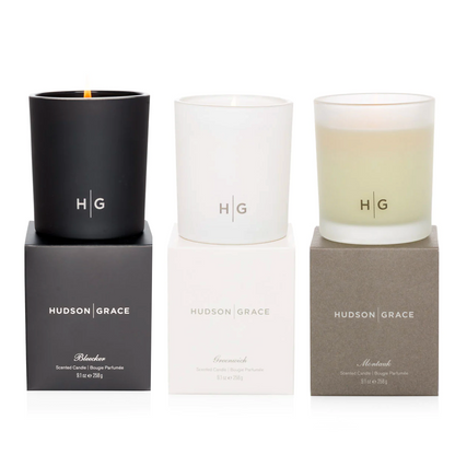 Hudson Grace East Coast scented candle gift set: black, white, and frosted glass candles on matching boxes.