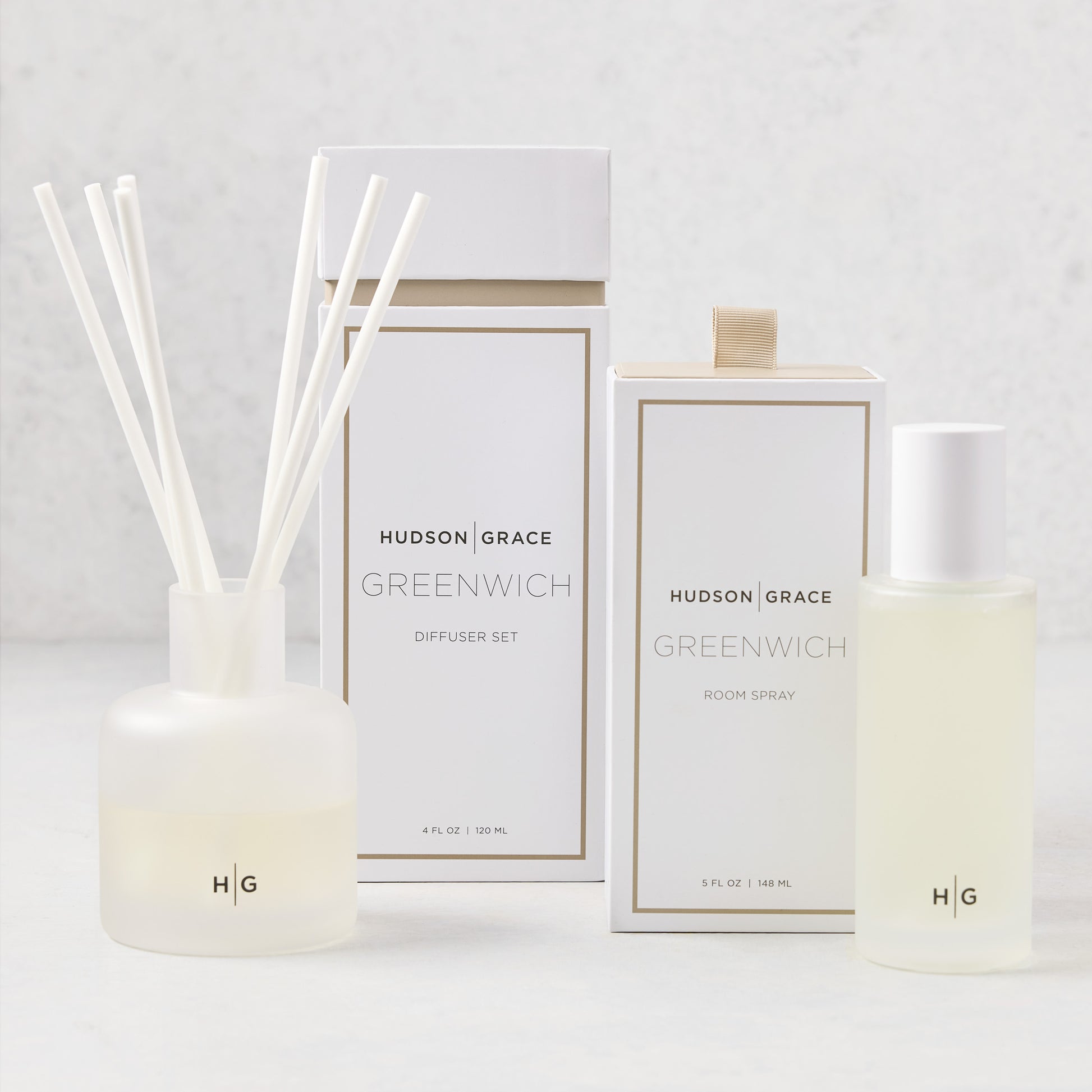 Hudson Grace Greenwich Room Spray and Diffuser Gift Set with frosted glass vessels and white boxes.