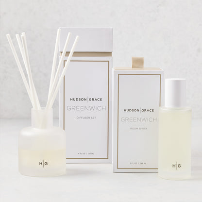 Hudson Grace Greenwich Room Spray and Diffuser Gift Set with frosted glass vessels and white boxes.