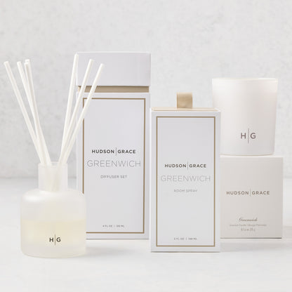 Hudson Grace Greenwich Scent Gift Set: white candle, diffuser, and room spray with gold accents.