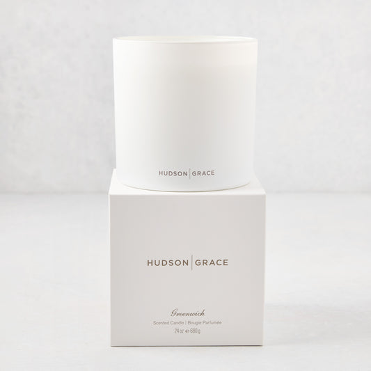 Hudson Grace Greenwich 3-wick candle in a white glass vessel, with matching white box.