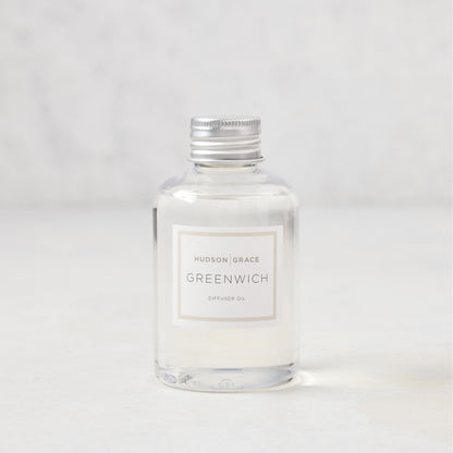Hudson Grace Greenwich Scented Reed Diffuser oil bottle, clear glass with silver cap and white label.