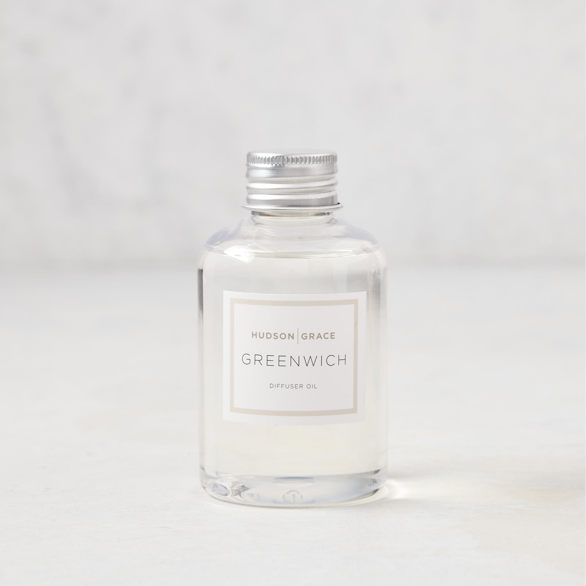 Hudson Grace Greenwich Scented Reed Diffuser Oil Refill, clear glass bottle with silver cap, 4oz.