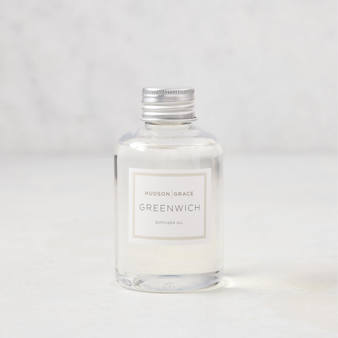 Hudson Grace Greenwich Scented Reed Diffuser Oil Refill, clear glass bottle with silver cap, 4oz.