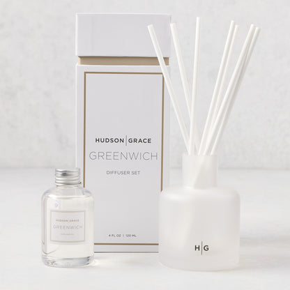 Hudson Grace Greenwich Scented Reed Diffuser set with frosted glass vessel, 6 white reeds, and 4 fl oz oil bottle.