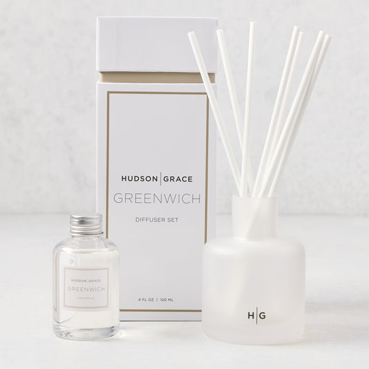 Hudson Grace Greenwich Scented Reed Diffuser set with frosted glass vessel, 6 white reeds, and 4 fl oz oil bottle.