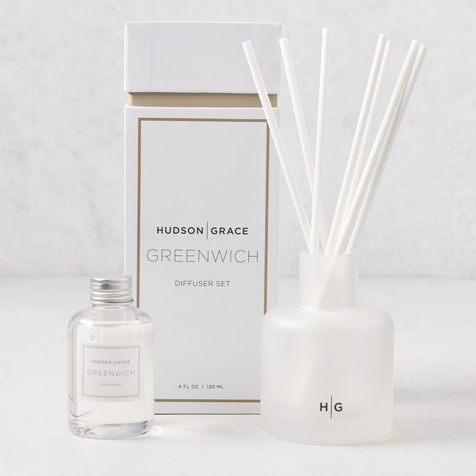 Hudson Grace Greenwich Scented Reed Diffuser set with frosted glass vessel, 6 white reeds, and 4 fl oz oil bottle.