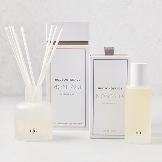 Hudson Grace Montauk Room Spray and Diffuser Gift Set with frosted glass bottles and white packaging.