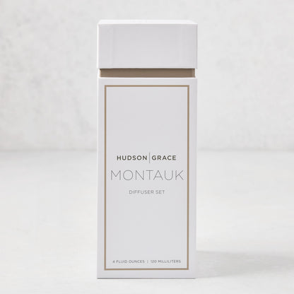 Hudson Grace Montauk Scented Reed Diffuser Set, white box with brown trim, 4 fl oz.