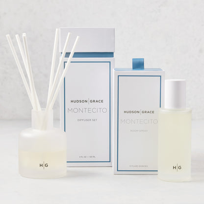 Hudson Grace Montecito Room Spray and Diffuser Gift Set: frosted glass bottles, white boxes with blue accents.