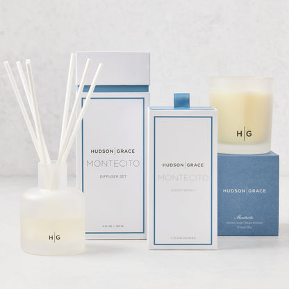 Hudson Grace Montecito Scent Gift Set: white diffuser, room spray, and candle with blue accents.