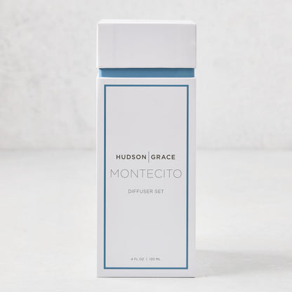 Hudson Grace Montecito reed diffuser set in a white box with blue trim, 4 fl oz.
