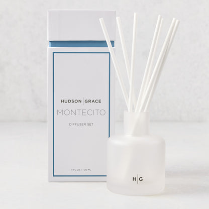 Hudson Grace Montecito Scented Reed Diffuser set with frosted glass vessel, white reeds, and white box.