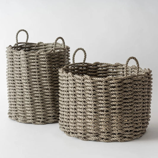 Hudson Grace handwoven mushroom lobster rope baskets in a neutral earthy tone with sturdy nautical rope handles.