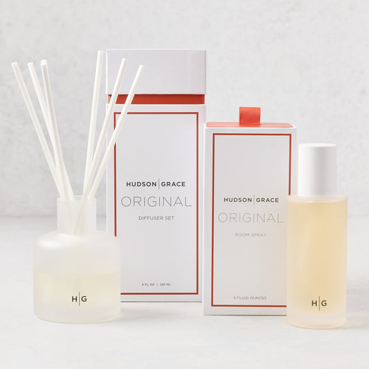 Hudson Grace Original Room Spray and Diffuser Gift Set with minimalist glass vessels and white packaging.