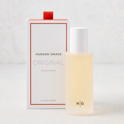 Hudson Grace Original Scented Room Spray, 5.08 oz, in a frosted glass bottle with white cap and matching box.