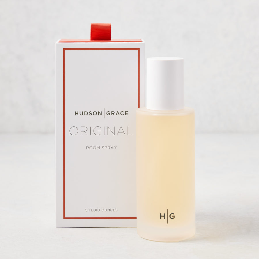 Hudson Grace Original Scented Room Spray, 5.08 oz, in a frosted glass bottle with white cap and matching box.
