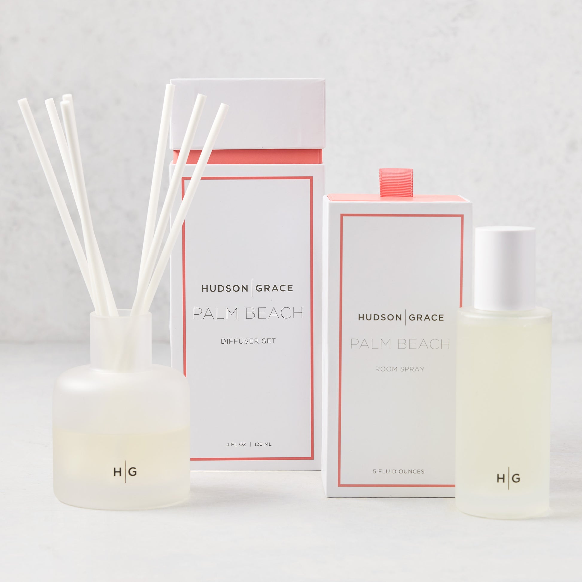Hudson Grace Palm Beach room spray and diffuser gift set with frosted glass bottles and white packaging.