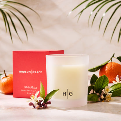 Hudson Grace Palm Beach scented candle in a frosted glass vessel, red box, with tangerines and orange blossoms.