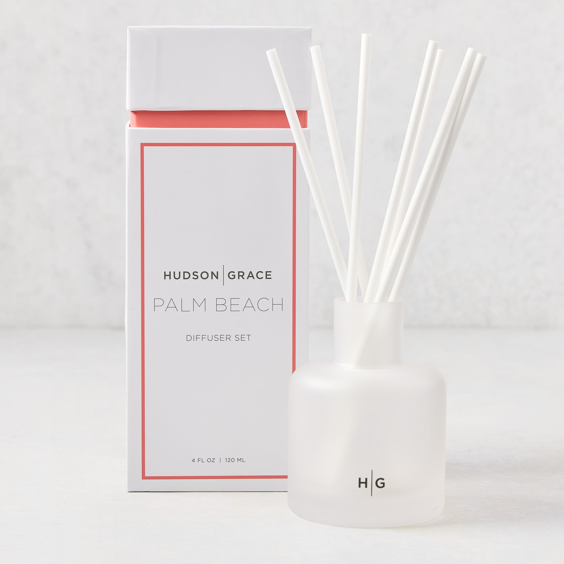 Hudson Grace Palm Beach Scented Reed Diffuser with frosted glass vessel, white reeds, and white box.