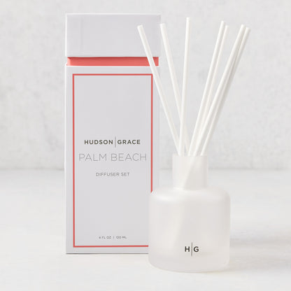 Hudson Grace Palm Beach Scented Reed Diffuser with frosted glass vessel, white reeds, and white box.