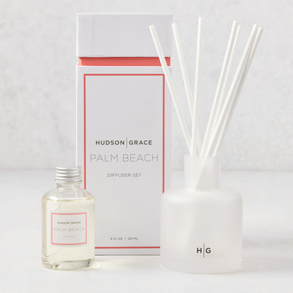 Hudson Grace Palm Beach reed diffuser set with frosted glass vessel, white reeds, and oil bottle.