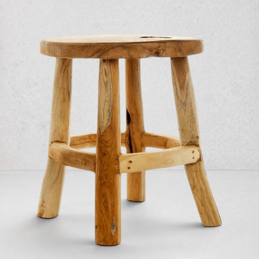 Hudson Grace handmade 17-inch stool crafted from natural reclaimed teak wood with a rustic, minimalist design.