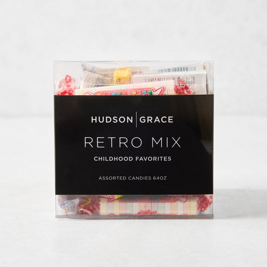 Hudson Grace Retro Mix Halloween candy box filled with assorted childhood favorite treats in a clear 64oz container.
