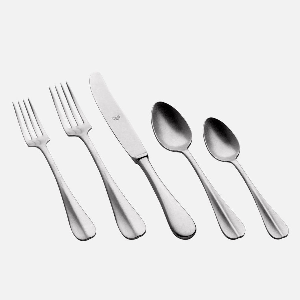 Hudson Grace Roma Vintage 5-piece flatware set in a brushed stainless steel finish with a classic rounded design.