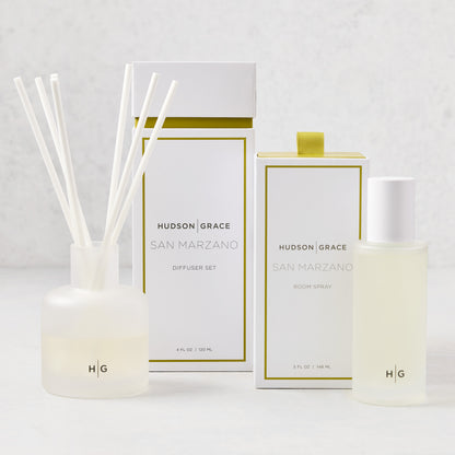 Hudson Grace San Marzano room spray and diffuser gift set with minimalist glass bottles and white boxes.