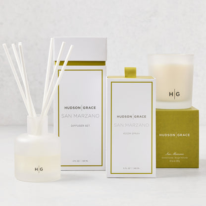 Hudson Grace San Marzano scent gift set: white diffuser, room spray, and candle with olive green accents.