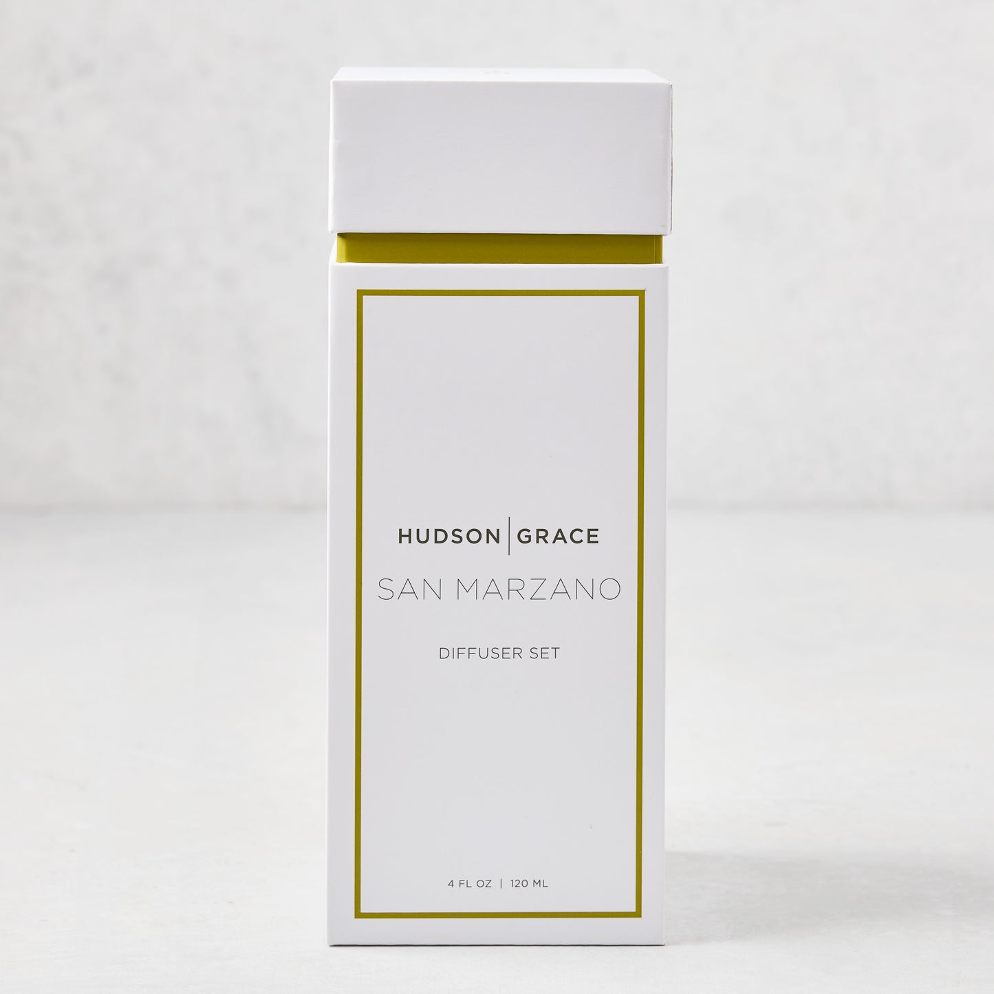 Hudson Grace San Marzano Scented Reed Diffuser Set in a white box with gold trim.