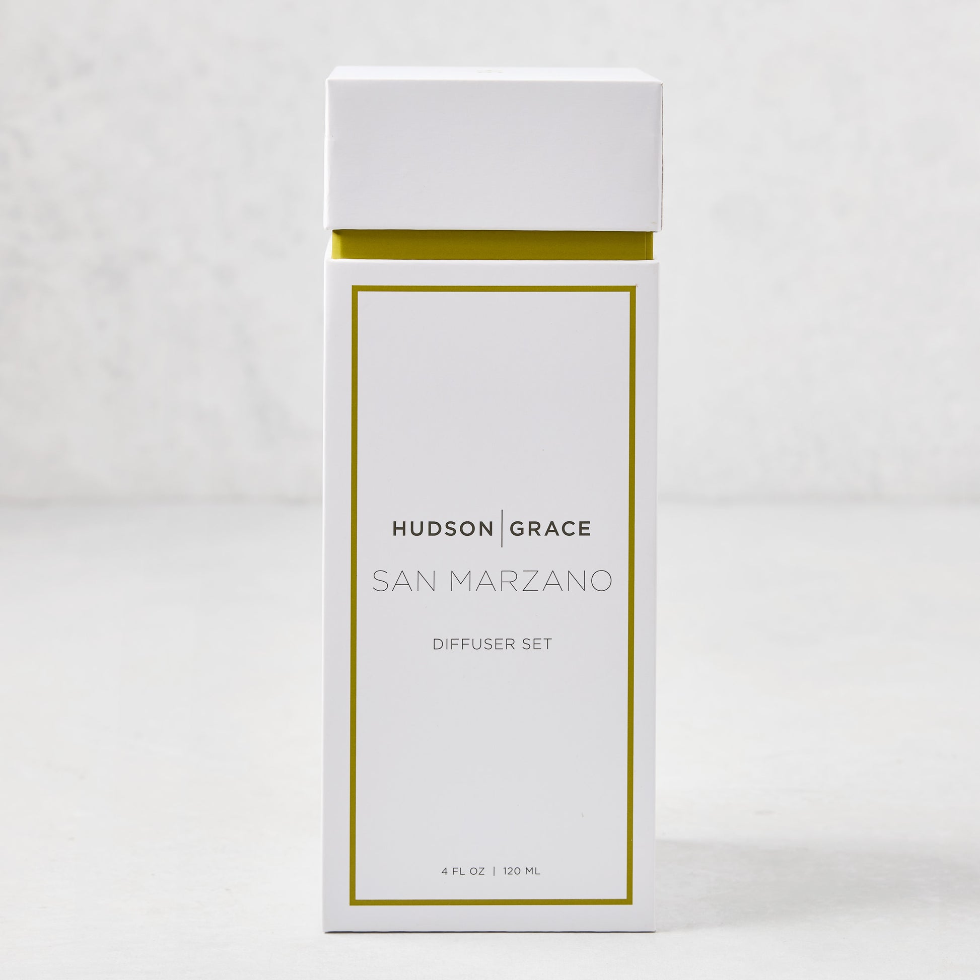 Hudson Grace San Marzano Scented Reed Diffuser Set in a white box with gold trim.