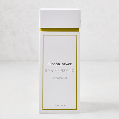 Hudson Grace San Marzano Scented Reed Diffuser Set in a white box with gold trim.