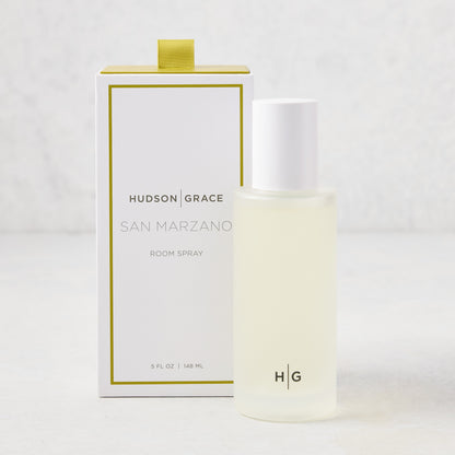 Hudson Grace San Marzano Room Spray: 5.08 oz clear glass bottle with white cap, next to white box with green trim.