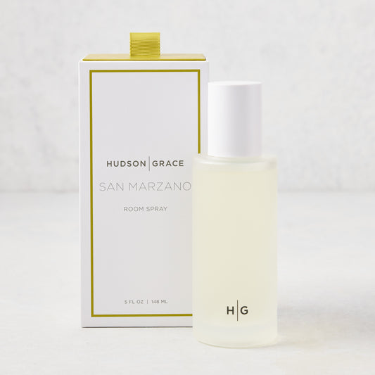 Hudson Grace San Marzano Room Spray: 5.08 oz clear glass bottle with white cap, next to white box with green trim.