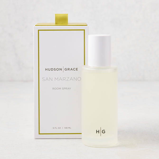 Hudson Grace San Marzano Room Spray: 5.08 oz clear glass bottle with white cap, next to white box with green trim.