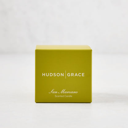 Hudson Grace San Marzano Scented Votive candle in a lime green box with white text.