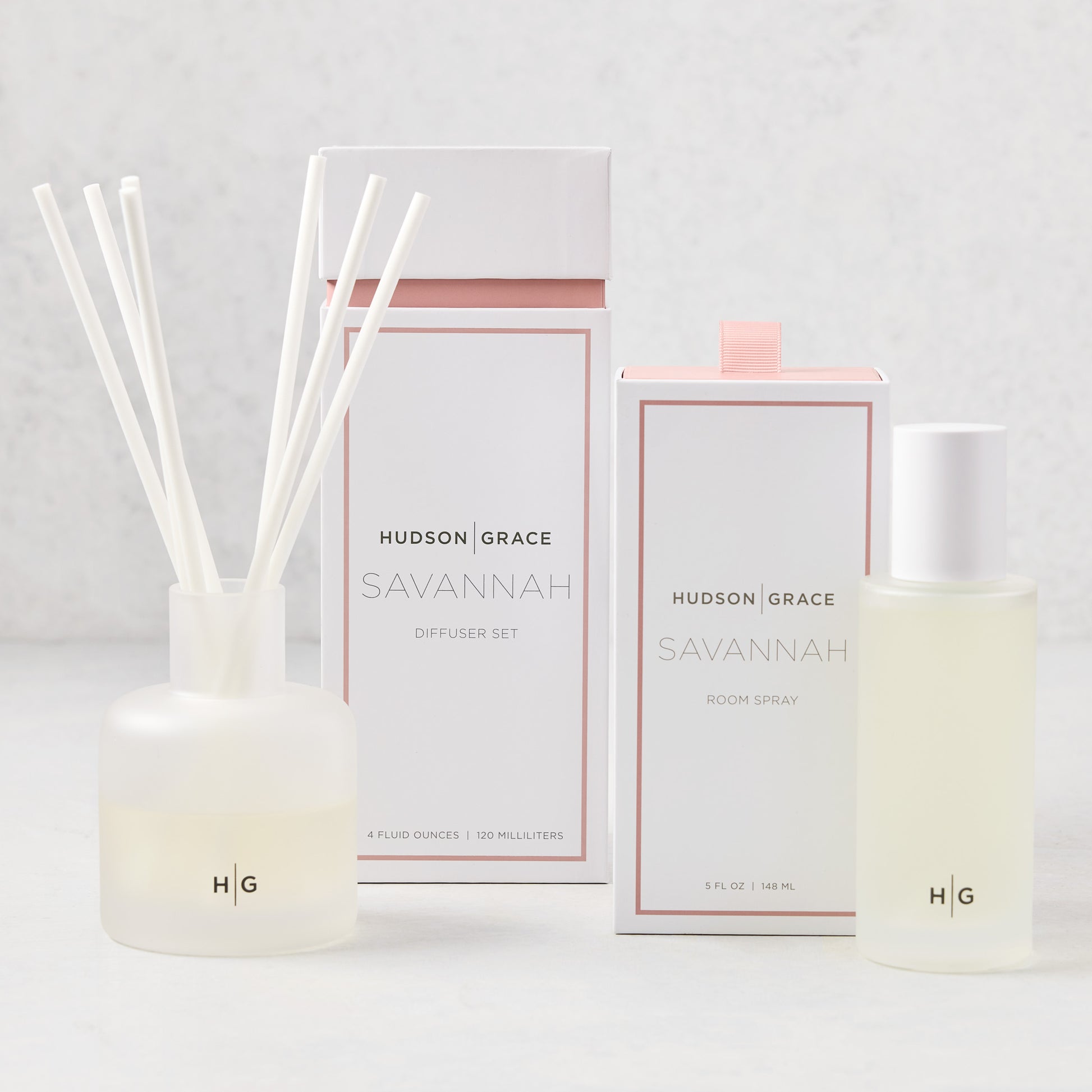 Hudson Grace Savannah Room Spray and Diffuser Gift Set with frosted glass bottles and white packaging.