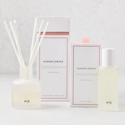 Hudson Grace Savannah Room Spray and Diffuser Gift Set with frosted glass bottles and white packaging.