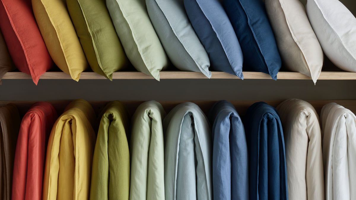 Hudson Grace Signature European linen bedding collection displayed in a range of colors