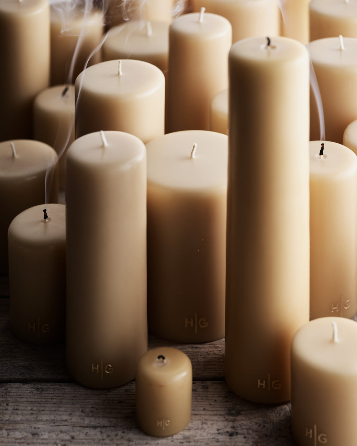 Hudson Grace unscented amber pillar candles made in Mexico in assorted sizes