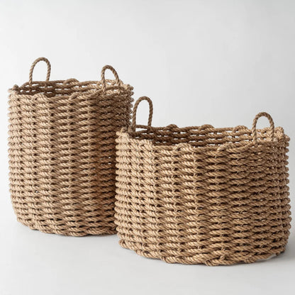 Hudson Grace handwoven wheat lobster rope baskets with sturdy handles for nautical home storage.